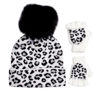 New! Love2Design Girls (4-6) Cheetah Knit Faux Fur Pom Hat and Gloves Set